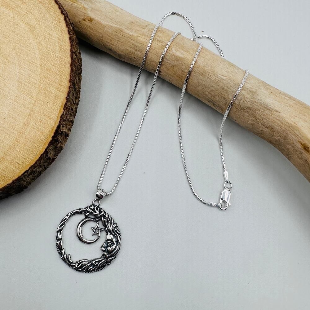 Sterling Silver Moon Goddess Necklace-Crescent Moon & Star Pendant